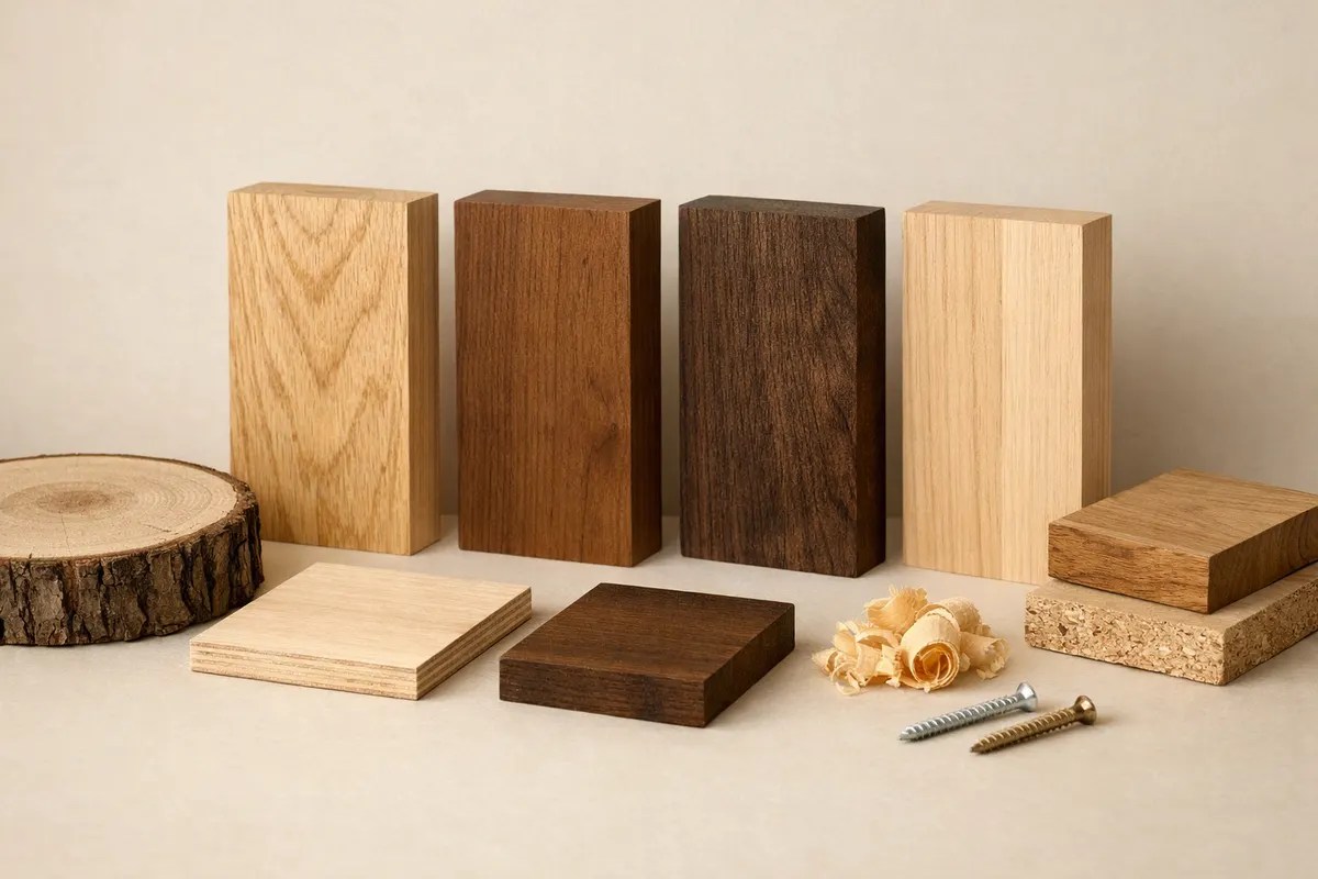 Editorial checklist image for furniture wood types showing visible clues and comparison notes.