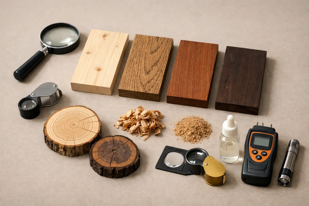 Wood Identifier - Wudora educational checklist showing hardwood, softwood, pore, ray, resin canal, and end-grain clues
