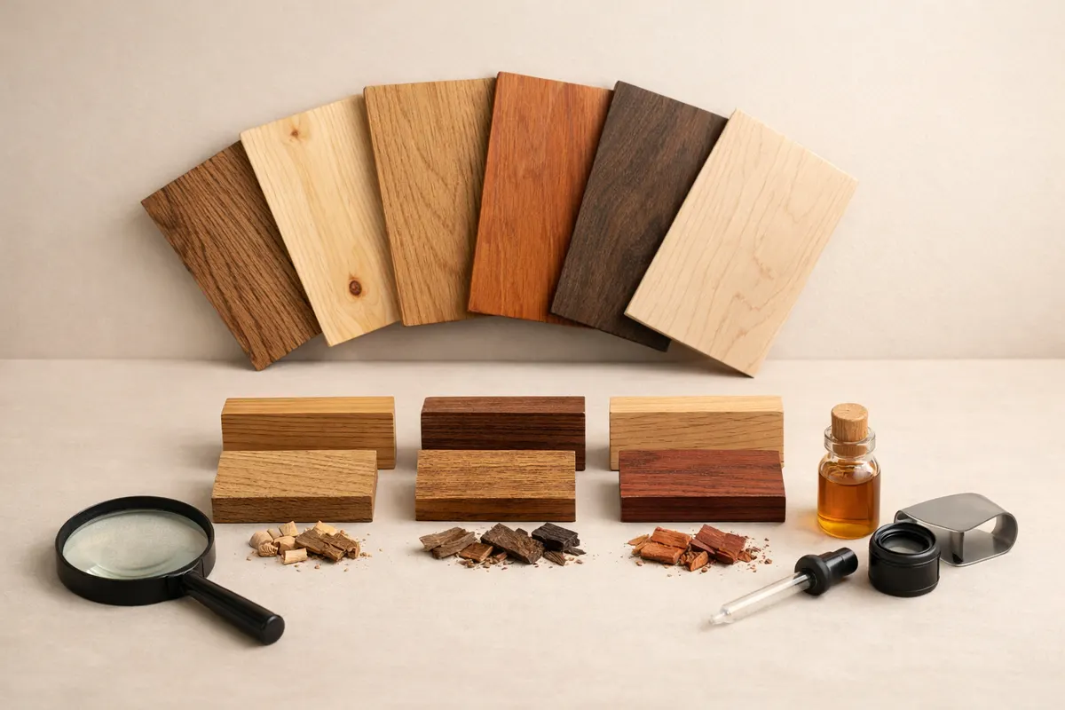 Wood Identifier - Wudora educational checklist showing grain, pore, ray, color, and end-grain clues