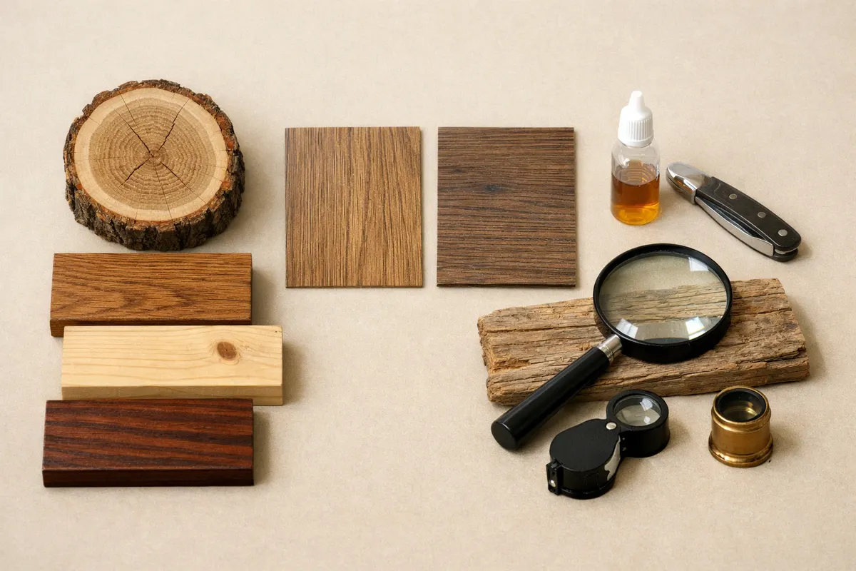 Wood Identifier - Wudora educational checklist showing visual wood clues, lookalike warning labels, and verification steps