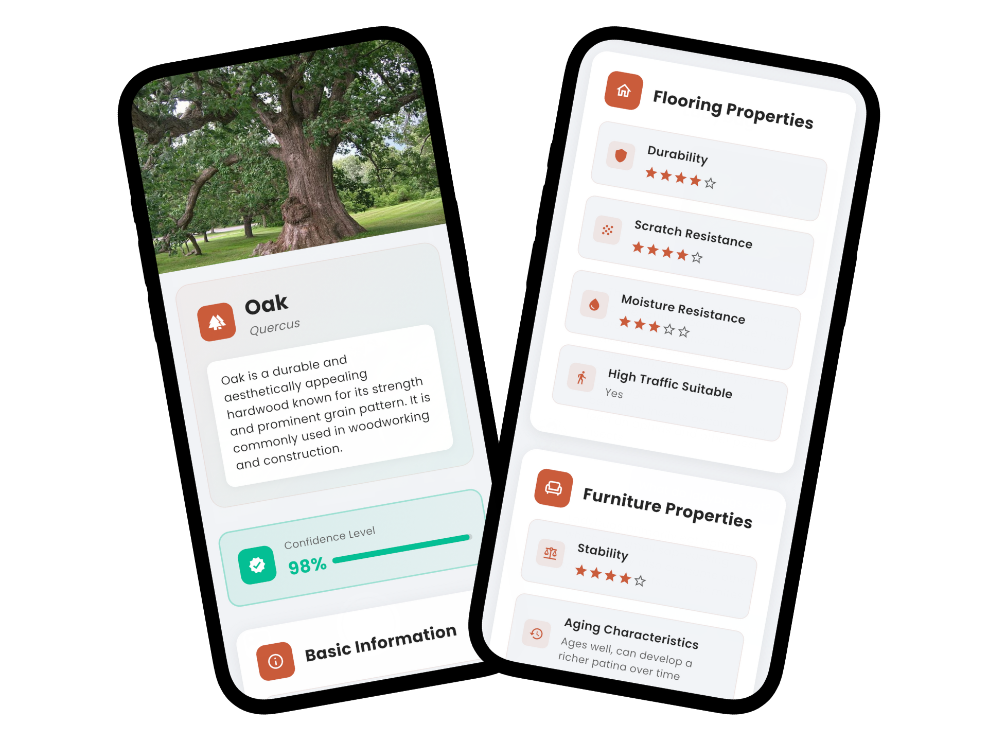 Wood identification app interface showing tree and wood identification features