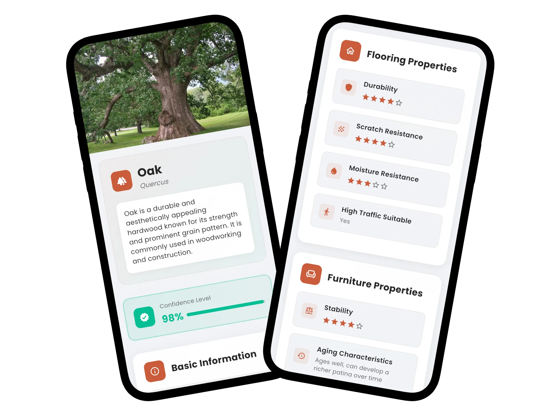 Wood identification app interface showing tree and wood identification features